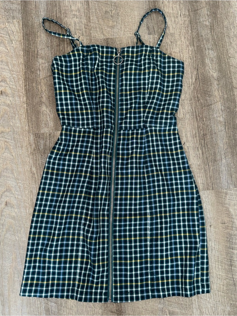 Aeropostale Plaid Green Black & Yellow Zip-Front Slim Mini Dress, Size XS